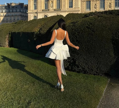 Satin Mini Dress for Women with Big Bow and Backless Design